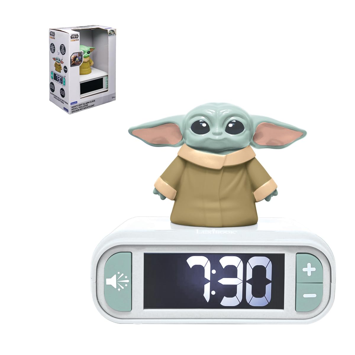 LEXIBOOK, Star Wars, Despertador - Luz Nocturna Grogu con Efectos de Sonido, Verde, RL800SWLXB