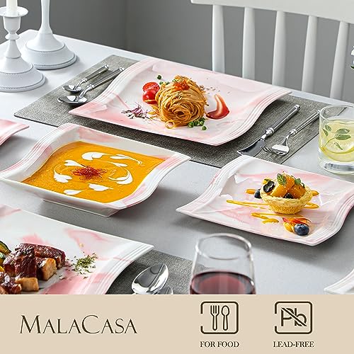 Image of MALACASA Dinnerware Sets, 30-Piece Pink Plates and Bowls Sets for 6, Porcelain Dinnerware Set with Plates and Bowls, Cups and Sacuers, Square Dish Set, Modern Dining Ware Set, Series Flora
