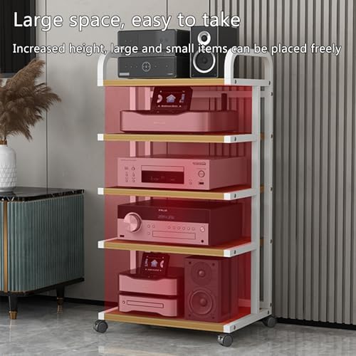 4-poziomowy stojak na audio HiFi z uniwersalnymi kółkami, stylowy czarno-drewniany design, oszczędzający miejsce, wiele półek, na gramofony i sprzęt HiFi, idealny dla audiofilów