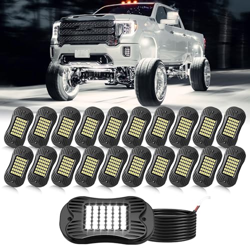 Image of SHINIGHT 20 Pods White Rock Lights 6000K Pure White Super Bright Underglow Light,10FT /3M Extension Wires Each Light,36 LED SMD Chips,Waterproof IP68,Rock Lights for Trucks UTV ATV SUV Boats
