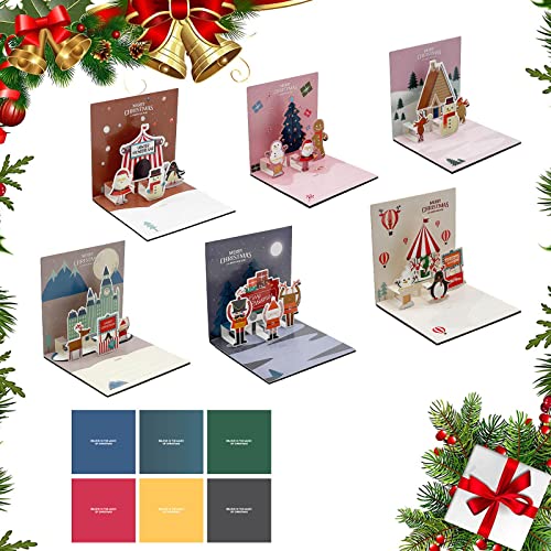 3D Weihnachten Grußkarten,6 Pack Weihnachtskarten 3D Pop Up Weihnachts Grußkarten Mit Umschlägen und Aufkleber,Weihnachtsbaum/Rentier/Weihnachtsmann/Burg Cover