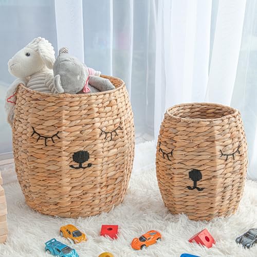 Image of Set of Two Round Bear Storage Baskets with Lid Natural Beige Wood Finish Stacking