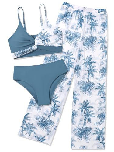 Image of Girls Swimsuit 3 Piece Bathing Suit Criss Cross Bikini Set Tropical Floral Swimwear with Mesh Cover Up Pants Size 9-16Y
