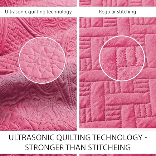 IR Imperial Rooms Queen Quilt Bedding Set Size (90" x 96") + 2 Pillow Shams (20" x 26"+ 2") - 3 Pcs All Season Lightweight Reversible Microfiber Coverlet Floral Embossed Quilt Bedspread (Pink)