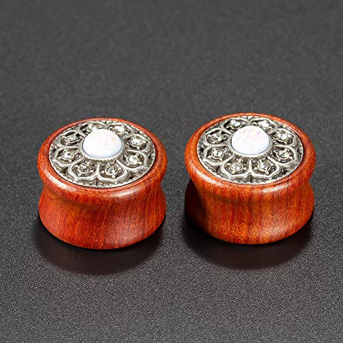 KUBOOZ(1 Pair Vintage Wood Opal Center Flower Ear Plugs Tunnels Gauges Stretcher Piercings.3