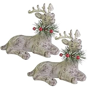 7.5″ Christmas Reindeer Decoration Lying Reindeer Sitting Deer Farmhouse Reindeer Figurine Xmas Deer Figurines with Red Berries Green Pine Needles Branches, Reindeer Figure for Table top Shelf Desk