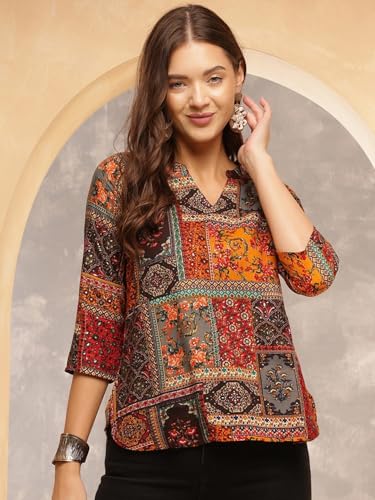 Image of Women's Cotton Printed Short Kurti, Round Neck, Three Quarter Sleeve, Straight Fit, Pack of 2