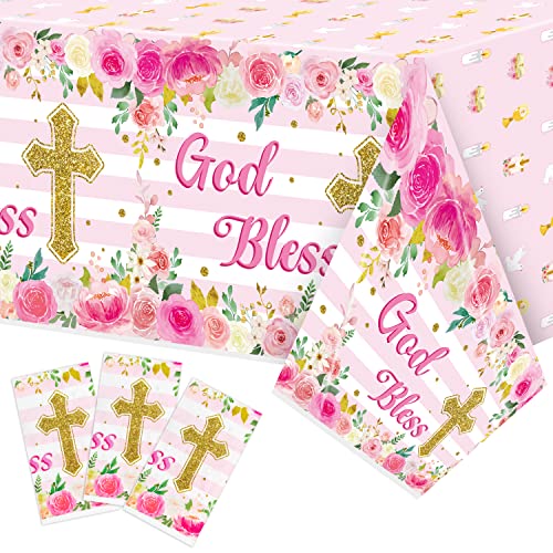 Image of Baby Girl Baptism Tablecloths - 3-Packs Pink Newborn Baby Girl Baptism Party Tablecovers Decor Flower Disposable Plastic Waterproof Rectangle Tablecloths God Bless First Communion Table Cover
