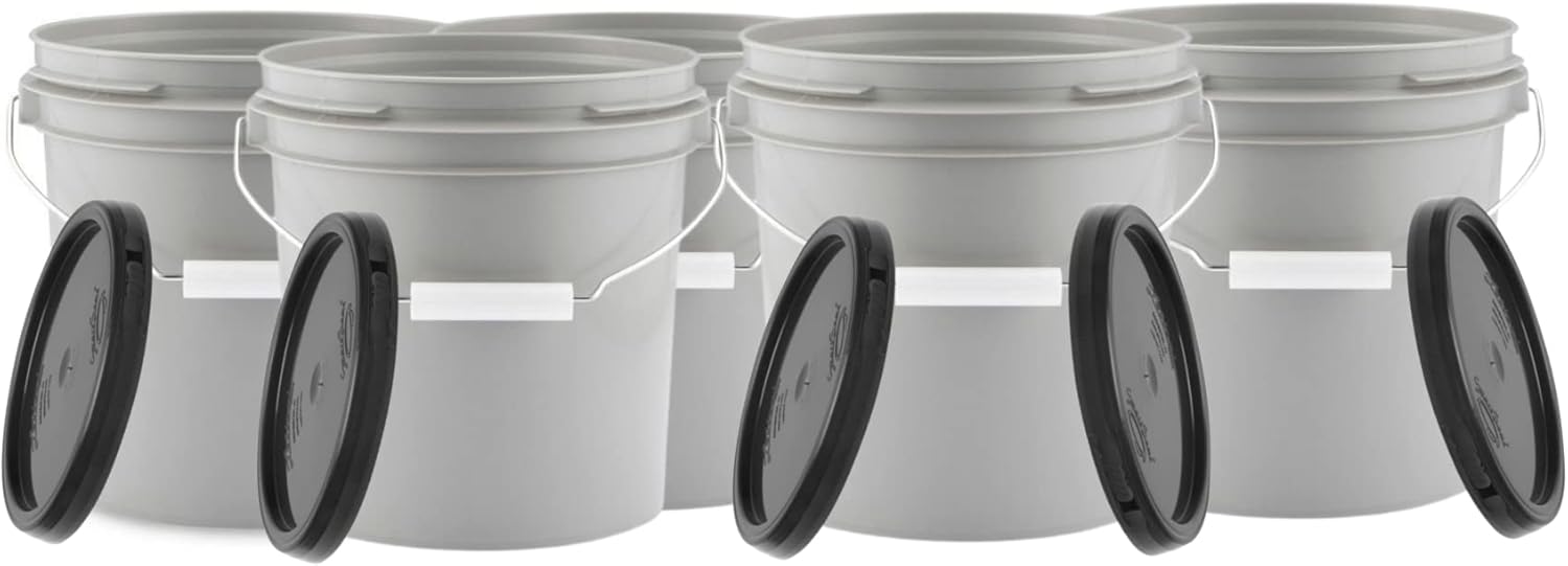 House Naturals 1 Gallon Plastic Bucket Pail Food Grade BPA Free with Black Lid(Pack of 5) Made in USA