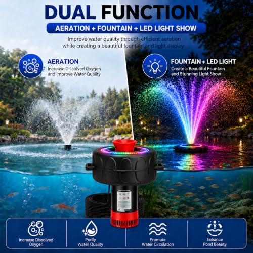 Image of Pond Fountain Aerator with Lights RGB Light 1HP 750W 110V Fountain