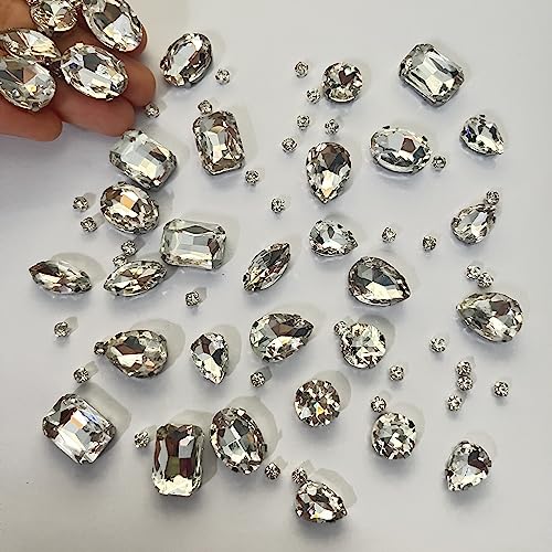 Yixinly 236 Stück Strasssteine zum Aufnähen, Große Strasssteine zum Nähen mit Krallen, Metall Krappenfassung Glas Nähen Edelsteine​für DIY-Bastelkleidung, Kleidungs, Schuhe, Taschen (Weiß)