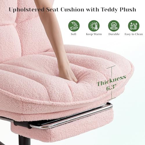 Image of DurayLoly Criss Cross Office Chair with Footrest, 6.3 inch Thick Cushioned Cross Legged Office Chair with Wheels, Reclining & Height Adjustable, Swivel Armless Vanity Chair for All-Day Comfort (Pink)
