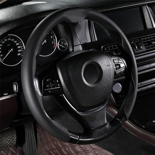 EIING ハンドルカバー 車用 軽自動車 ステアリングカバー 汎用 本革 おしゃれ 通気性がよい 汚れ防止 滑り防止 オールシーズン対応 普通車 ハンドル 保護カバー 超薄型 S・M兼用 内装パーツ 車用品 車アクセサリー D型 円形 取付簡単 36.5～40CM (ブラック)