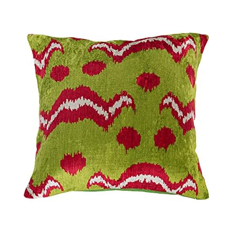 Traditional Silk Ikat Velvet Throw Pillow Cover with Green & Red Colours | Front side is 100% Silk Velvet | Back side is Soft Green Fabric (40x40cm) Cover