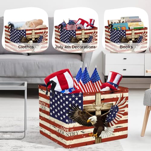 Image of Memorial Independence Day Baby Gift Basket Empty Retro America Flag Patriotic Storage Bin Gnome Rectangle Clothes Toy Book Shelf Basket, Eagle, 36L