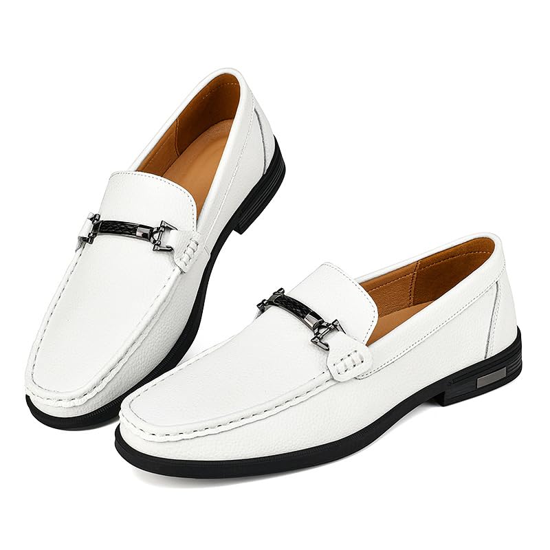 Men's Classic Leather Loafers, Slip-on Dress Shoes with Metal Buckle, Formal Business Moccasins,Black,White4
