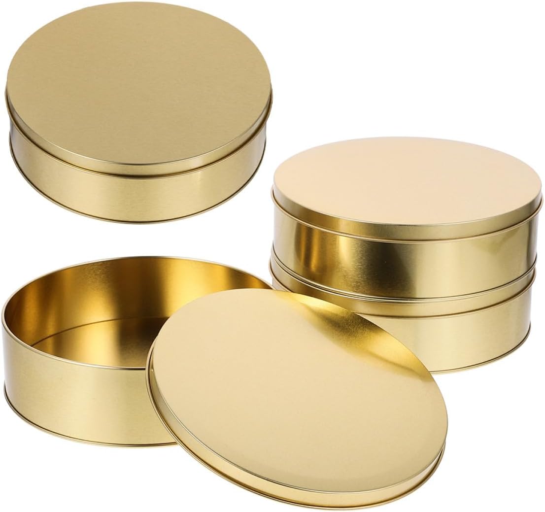 4Pcs Decorative Iron Cookie Tins with Lids Holiday Candy Containers for Xmas Party Favors Sturdy Multiuse Kitchen Canisters Airtight Storage Boxes in Golden Cartoon Design