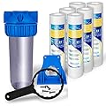 10 Inches Transparent Standard Whole House Water Filter System Presser Relief Valve, 3/4” Inlet/Outlet Brass Port & 6 Polypropylene Sediment Filter Cartridges 5 Micron 4 Layers of Filtration 10"x 2.5"