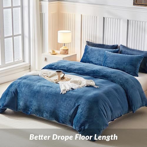 Image of WARMDERN Navy Blue Velvet Duvet Cover Set Oversized King Size, Luxury Milk Velvet Bedding Duvet Cover with Zipper Closure, 3pcs Ultra Soft Duvet Covers for All Seasons, 120 inch x 98 inch, Navy Blue