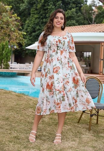 Image of Keluummi Plus Size Wedding Guest Maxi Dresses for Curvy Women, Summer Casual Boho Floral Smocked Empire Waist A Line Sundress
