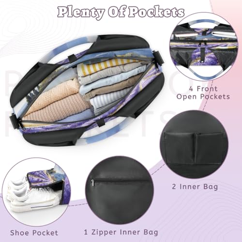Yoga Bag for Women，Waterproof Polyester Gym Bag Detachable Strap,Shoe Pocket，Double Zipper,Landscape Lavender Duffel Bags3