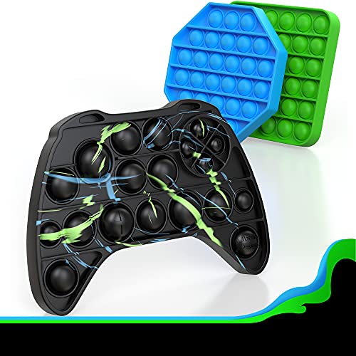 Libelle Design Push Pop Fidget Toy Set - Bubble Poppers for Stress Relief, Special Needs Children - Green Square, Blue Octagon, Videogame Controller Shapes - Sensory Gifts for Kids, Adults - 3-Pack