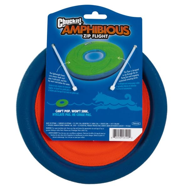 Image of Chuckit! Amphibious ZipFlight Floating and Flying Disc Dog Toy, Medium (8.5 inch), Assorted Colors (Orange and Blue /Green-and Blue), (Pack of 12)