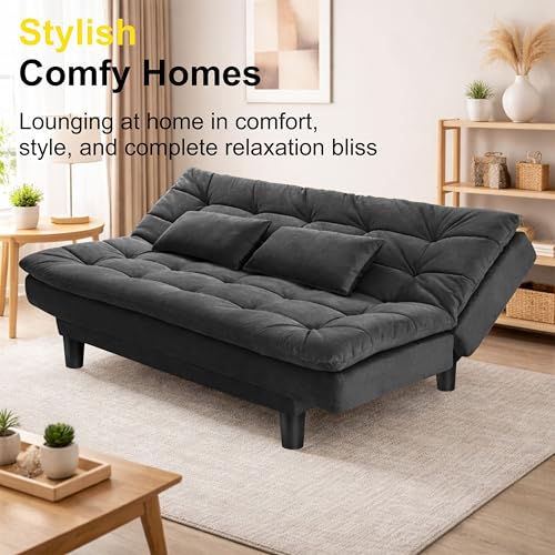 Image of Modern 3 Seater Sofa Cum Bed with Cushions, Foldable Convertible Couch, Velvet Fabric Sleeper Sofa for Living Room, Guest Room, Black
