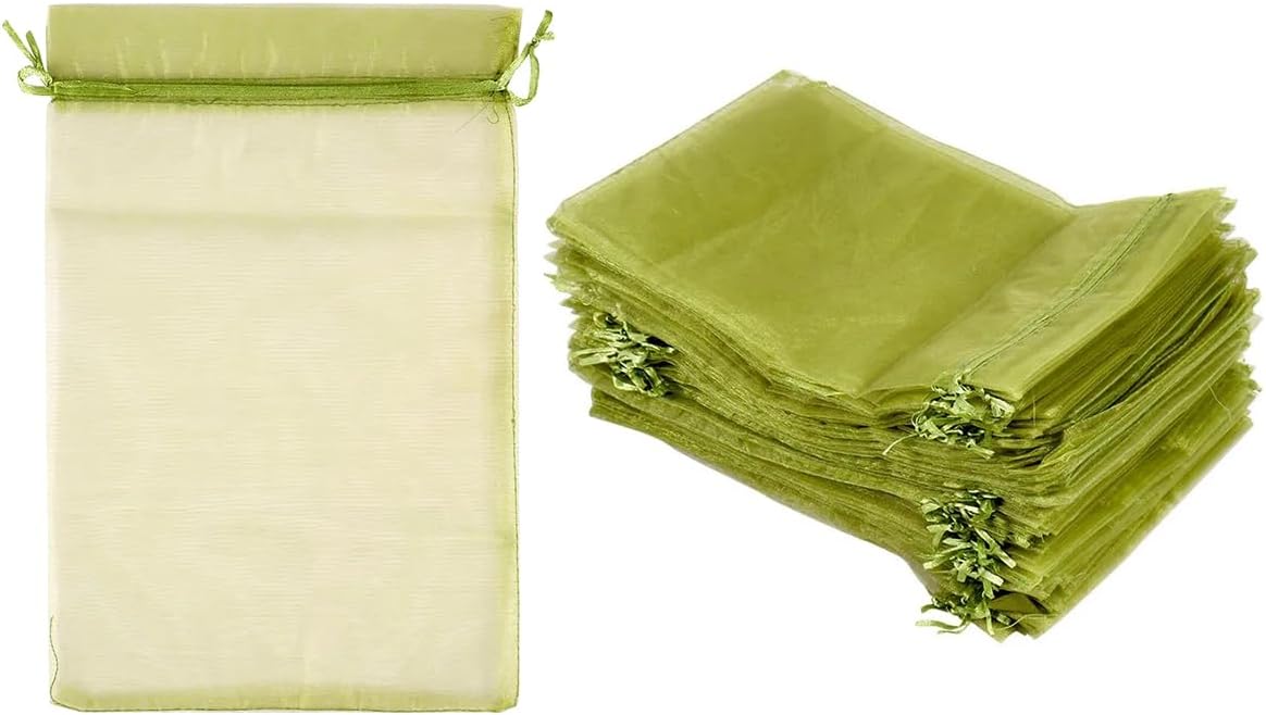 ECYC Ltd 100 Pcs Green Fruit Protection Bags, Organza Fruit Netting Bags Fruit Tree Netting Bags with Drawstring Garden Fruit Cover Bags for Garden Fruit Trees, Plant, Veggies, Flower, 20 x 30cm