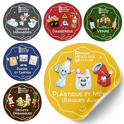 LiveLaif® Lot de 6 Autocollant Poubelle FRANCAIS | Sticker Poubelle Ø11 cm | Sticker pour poubelle Colorés, Éducatifs pour Enfants - Finition brillante