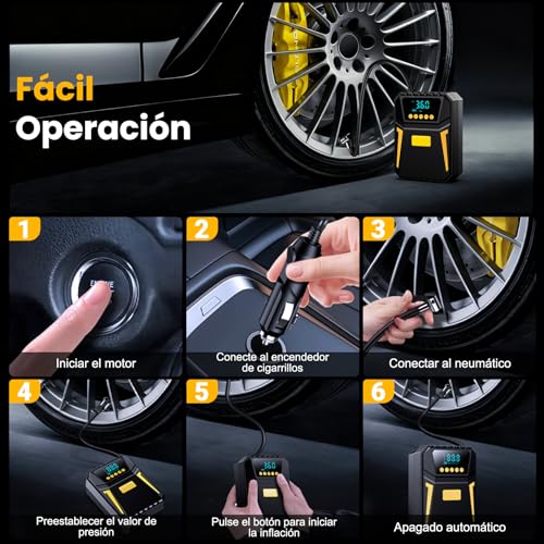 Inflador Ruedas Coche - Compresor Aire Portatil 12V DC, Compresor Aire Coche 150PSI con Linterna - para Coches/Motos/Bicicletas/SOS Emergencia, Presión Preestablecida y Apagado Automático - imagen 10