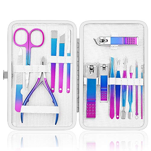 iBazal Juego De Cortaúñas De Acero Inoxidable Alto, Kit De Pedicura Para Cortador De Uñas, Lima, Tijeras Afiladas Para Uñas, Manicura, Uñas De Los Pies, Con Estuche Portátil - Vistoso (15 Piezas)