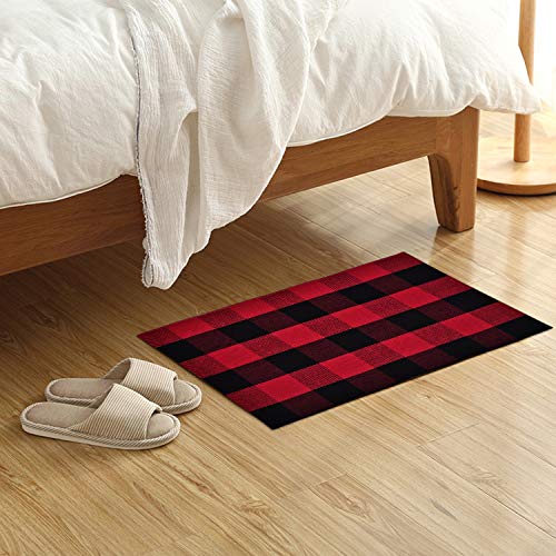 Area Rug Classic Plaid Runner Rugs Hand Woven Stain Resistant Collection Area Rug Indoor Outdoor Floor Mat For Kitchen Entryway Bathroom Laundry Living Room Carpet (Red And Black, 23.6 × 35.4 Inches) #TOP2