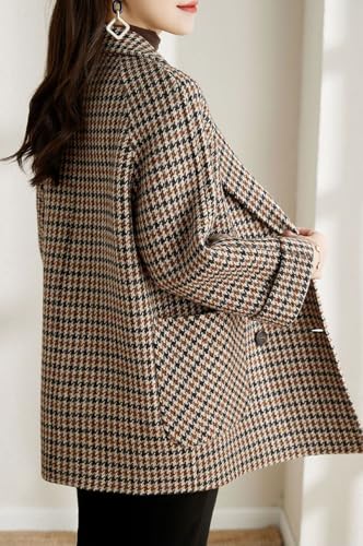 chouyatou Women's Winter Double Breasted Houndstooth Plaid Wool Pea Coat Notch Lapel Dressy Wool Trench Coat2