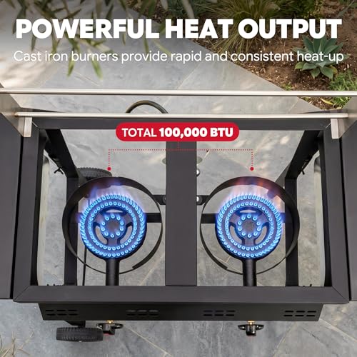 Image of Feasto Outdoor Propane Deep Fryer with Rolling Cart, Dual Tank Fish Fryer | 2 Independent Burners, 100,000 BTU, 4-Gal Oil Capacity, Frying Station with Baskets for Fish, Fries & Chicken