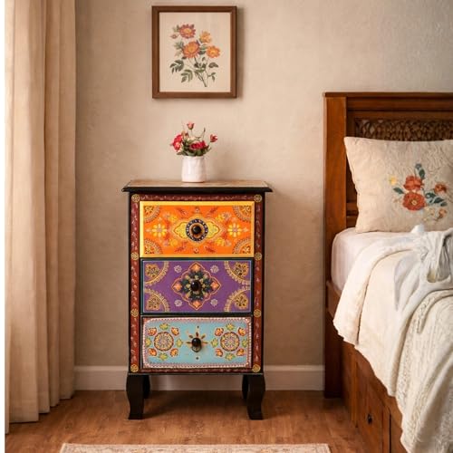 Image of Wooden Bedside Table for Bedroom | 3 Drawer Side Table | Handpainted Rajasthani Chest of Drawers | Solid Wood Small Bedside Table with Drawer Storage for Living Room (Multicolour-BS4)