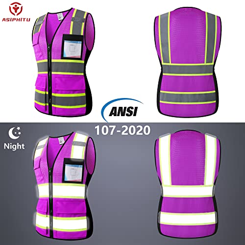 Image of Safety Vest for Men Women Reflective Construction Vest Hi Vis ANSI Standard | ANSI Standard, 8 utility Pockets 4 Reflective Strips with Neon trim High Visibilty Breathable Mesh Safety Apparel for Work