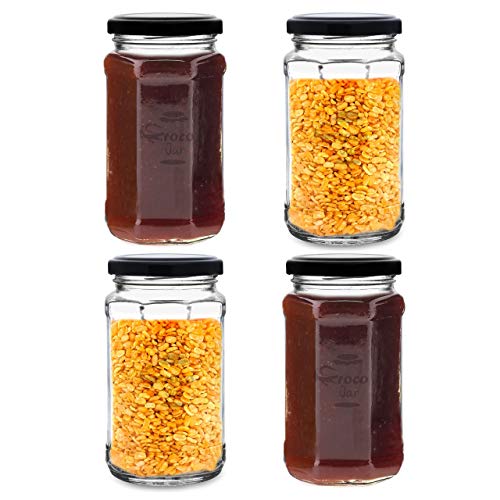 Image of CROCO JAR Hexagon Glass Jar Set of 2 (450 ml) | Airtight Black Lid Mini Glass Storage Jars for Spices Mouth Freshener & Condiments