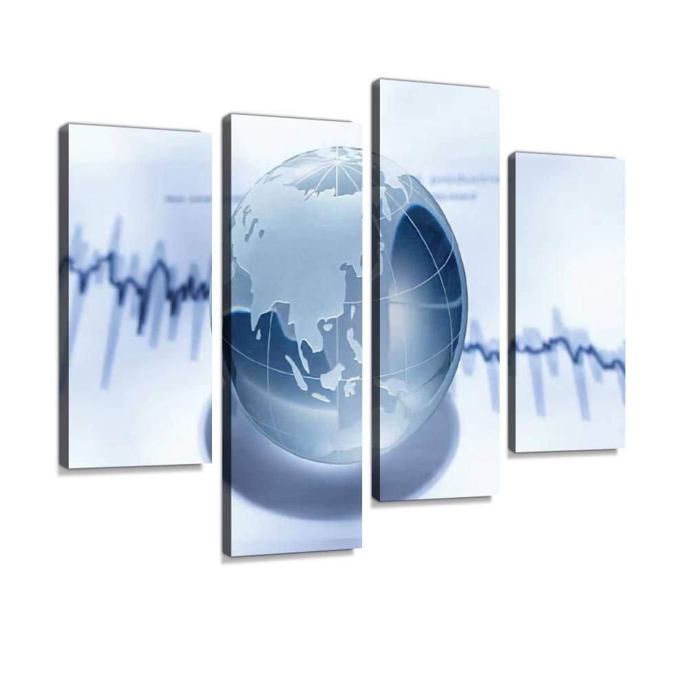 Global finance Canvas Print Artwork Wall Art Pictures Framed Digital Print Abstract Painting Room Home Office Decor Ready to Hang 4 Panel