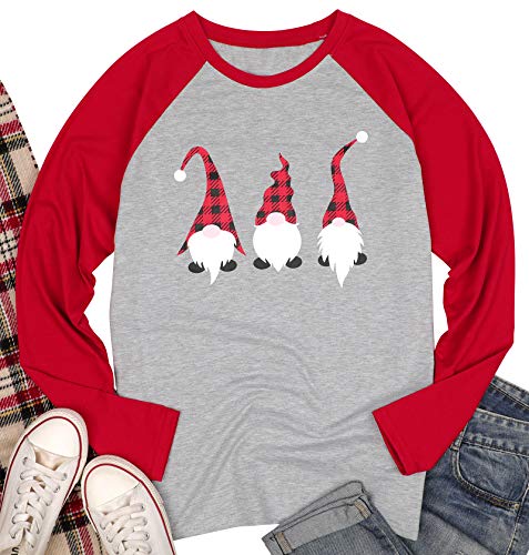 Christmas Santa Claus Graphic Shirt for Womens Cute Plaid Splicing Long Sleeve Raglan Tees Baseball Tops (Red, X-Large)