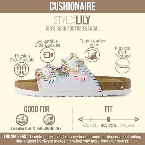 Image of CUSHIONAIRE Lily Girl Toddler Sandals with Adjustable Gold Tone Star Buckles and Cushioned Cork Footbed Slip On Girls Slides for Kids
