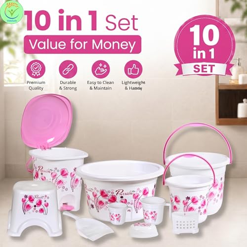 Image of Heavy Duty Virgin Plastic Large Capacity 20L Bucket, 5L Bucket, Stool, 22L Deep Tub, Dustbin,1.5L Mug,1L Mug, Soap Case, Dustpan, Tooth Brush Stand Bathroom Set(White-Pink) - 10 Pieces