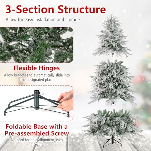 Image of Goplus 7 FT Pre-Lit Snow Flocked Christmas Tree, Artificial Hinged Xmas Tree with 820 PE & PVC Mixed Branch Tips, 340 Warm White LED Lights, Foldable Metal Base, Home Office Decoration