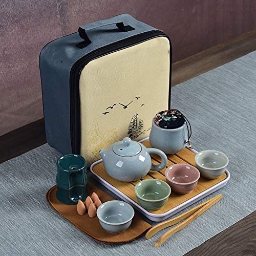 Ceramic Kungfu Tea Set Portable Travel Tea Pot with Teapot Teacups Tea Canister Tea Tray and Travel Bag Suitable for Home Office,Blue