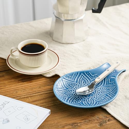 Image of Ceramic Spoon Rest, 7.48 Inches Spoon Holder for Kitchen Counter, Kitchen Accessories, Dishwasher Safe, Dark Blue
