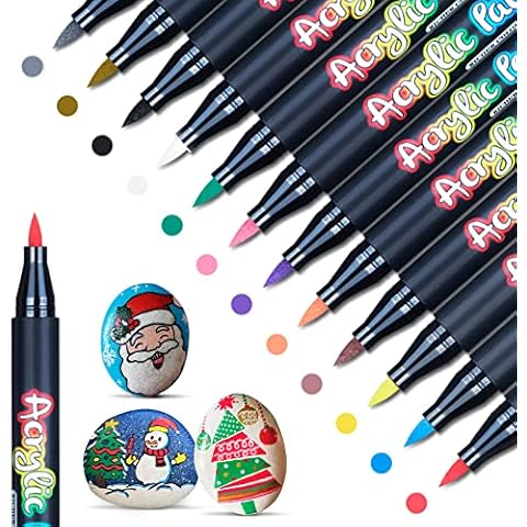SAKEYR Stones Painting Acrylic Pens for Stones Waterproof 12 Acrylic Pens Stones for Painting Permanent Marker Waterproof Pens for Wood Painting Glass Canvas Ceramic Pumpkin Craft Set Children Cover