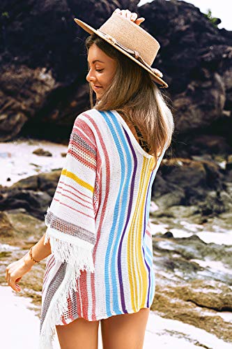 CUPSHE Women's Crochet Beach Bikini Cover Up Colorful Strip Tassels V Neck Drop Shoulde 3/4 Sleeve Loose Waisted Mini Length2
