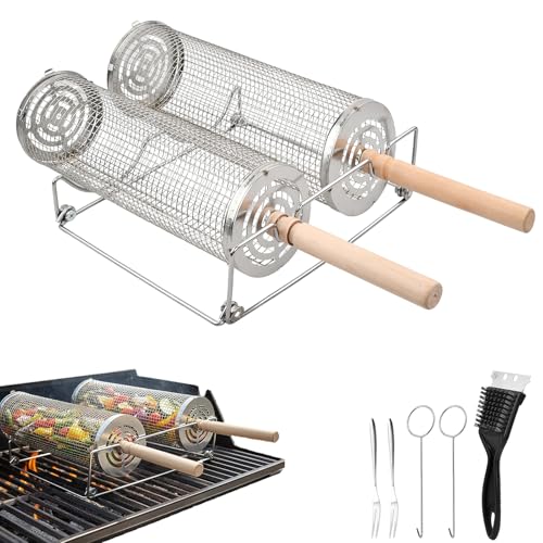 2 Pcs Grillkorb 30cm 29cm, Grillkorb Gemüse Edelstahl Rund mit 2 Abnehmbarer Holzgriff, 2 Haken, 2 Gabeln, Reinigungsbürste, Halterungen, Fischgrillgitter Fleisch Grillzubehör, Upgrade Öffnung