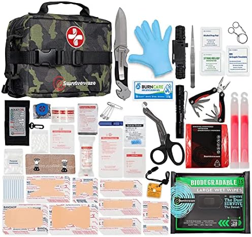 Surviveware Survival First Aid Kit - Emergency Preparedness at Home, Car, Office, Hiking, Camping & Outdoors Activities - 180 pcs Medical Supplies w/Removable MOLLE System & Labeled Compartments