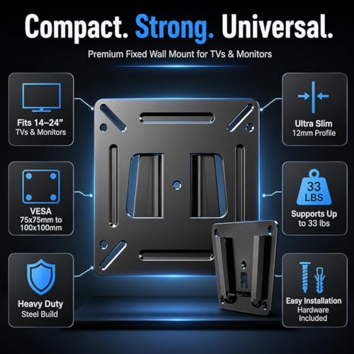 Image of Latin Fixed TV Wall Mount Bracket for 14-24 Inch LED /LCD TVs & Monitors | Universal Low Profile Slim Wall Mount | VESA 75x75 & 100x100 mm Compatible | Heavy Duty Metal Support up to 15kg